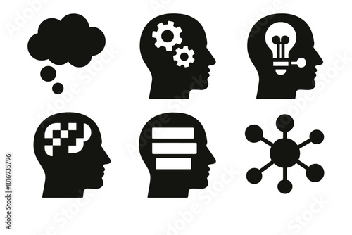 Bold Mental Icons. Cognitive Abstraction silhouette icon set. thought cloud, mental model, idea connection, pattern recognition, layered thinking, concept map.