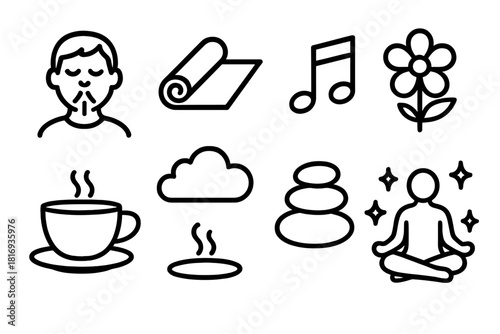 Stress Relief Icons. Stress Relief linear icon set. breathing icon, yoga mat, music note, flower, tea cup, soft cloud, meditation stone, sparkle aura