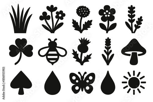 Wild Garden Icons. Wild Garden Collection silhouette icon set. meadow grass, wildflower mix, dandelion, buttercup, clover leaf, bee icon, thistle, lavender, mushroom cap, dew drop