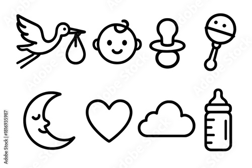 Newborn Icons Collection. Newborn arrival concept linear icon set: stork with bundle, baby face, pacifier, rattle, moon, heart, cloud, baby bottle
