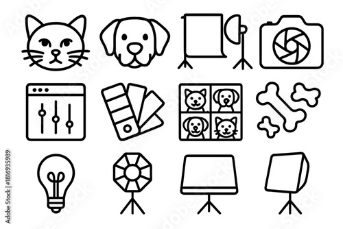 Creative Pet Icons. Creative Pet Portraits linear icon set. close-up lens, cat whiskers, dog snout, studio backdrop, flash reflector, camera shutter, editing tool, color palette