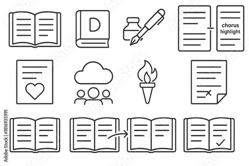 Lyric Writing Tools. Creative Lyric Writing linear icon set: open lyric journal, rhyming dictionary, pen and ink, verse stanza, chorus highlight, word flow arrow, emotional heart