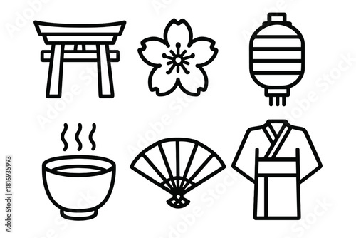 Japanese Cultural Icons. Japan Culture Set linear icon set: torii gate, cherry blossom, paper lantern, tea cup, folding fan, kimono shape