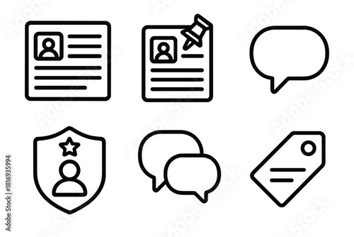 Forum Icon Set. Online Forum linear icon set. message board, pinned post, comment icon, moderator badge, reply thread, topic tag.