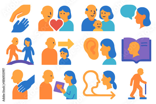 Intergenerational Support Icons. Intergenerational Support Elements Set flat icon set: helping hand, shared heart, family circle, conversation bubble, support bridge, guidance