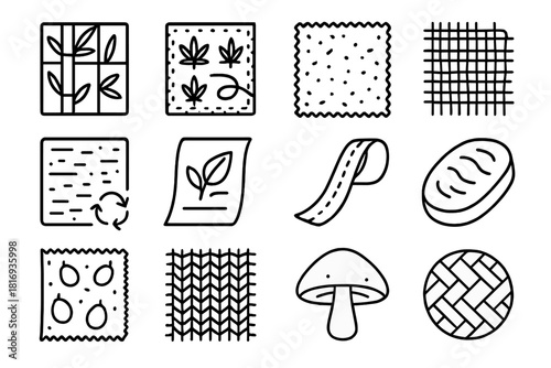 Eco-Friendly Fabric Icons. Eco-Friendly Fabric Set linear icon set: bamboo-linen blend tile, hemp-cotton mix patch, cork textile swatch, plant-fiber mesh, recycled-thread weave