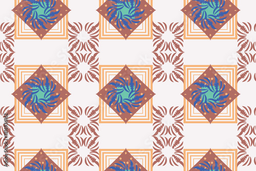 A high-contrast geometric tile in burnt orange, white, and sky blue, effective for bold swimwear or striking art prints.