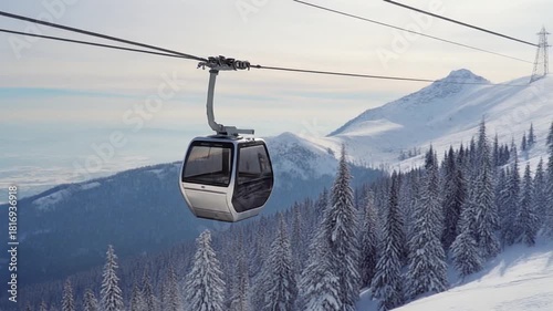 Gondola Cable Car Lift Ascending Over Snowy Mountain Landscape in Winter.
