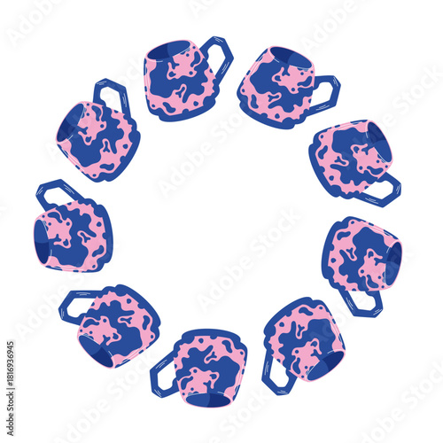 Elegant and stylish blue and pink mug wreath in flat style. Perfect design for kitchen decor, cafe and menu card.