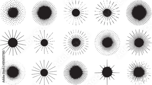 Collection of Black Sunburst Starburst Graphic Elements