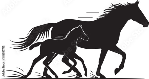 Majestic silhouette of mother horse running with adorable foal in natural dynamic motion