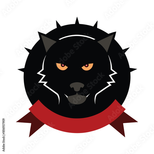Black panther head mascot logo with spiked circle and bold red banner created for fierce branding Vector illustration