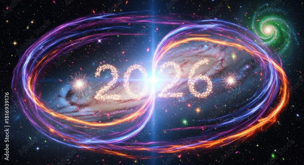 Fototapeta premium Celestial Overture: An abstract rendering of the year 2026 amidst cosmic splendor and ethereal