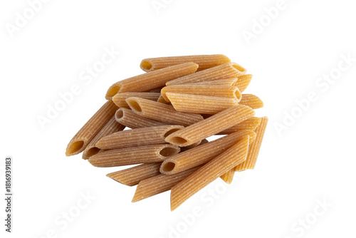 Organic whole wheat pasta,durum semolina flour macaroni,uncooked Penne rigate isolated 