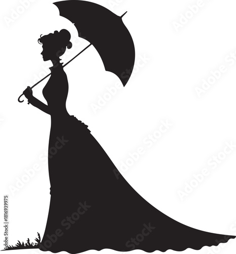 Silhouette of a woman in a long dress holding a closed umbrella with ornate handle lady parasol