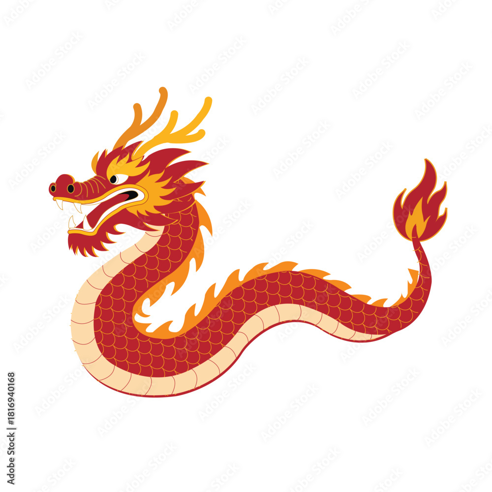 Fototapeta premium A vibrant Chinese dragon in an illustration style. Its body is long and curved, covered in red scales. Its head has horns, sharp teeth, and an open mouth. Flames blaze at the end of its tail.