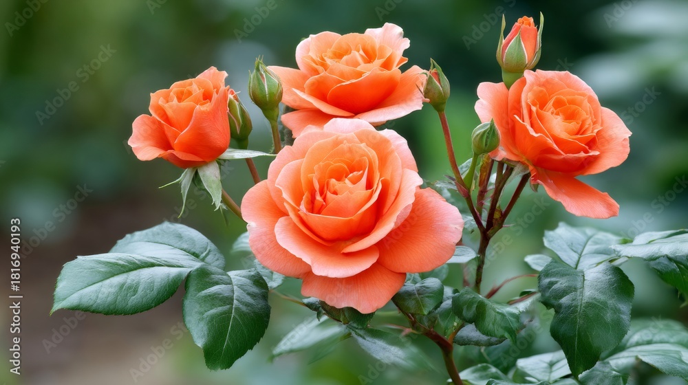 Fototapeta premium Orange roses blooming in a spring garden