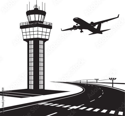 Silhouette of an airport control tower with a taking off airplane and a curved runway aircraft takeoff