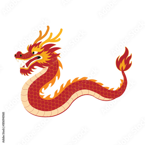 A vibrant Chinese dragon in an illustration style. Its body is long and curved, covered in red scales. Its head has horns, sharp teeth, and an open mouth. Flames blaze at the end of its tail.