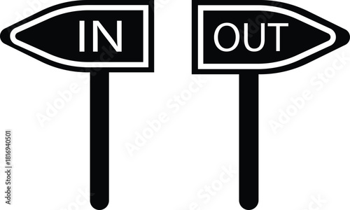 IN OUT Direction Road Sign Black Flat Style Icon Set Collection Group with Various Arrow Board Shapes and Synonym Elements for Navigation Entrance Exit Guidance Street Signal Vector