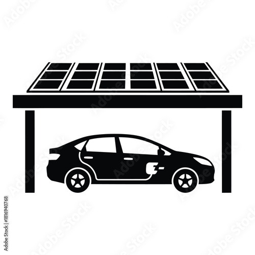Electric Car Under Solar Panel Roof, EV Charging Station Illustration, Sustainable Energy for Vehicles