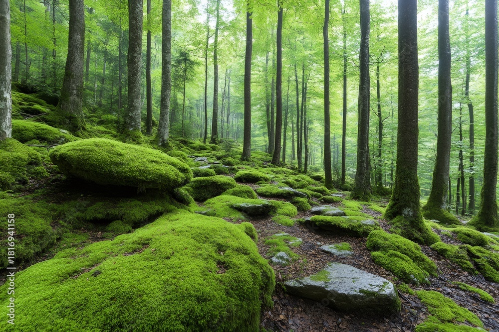 Obraz premium Forest path winding through moss covered rocks and trees