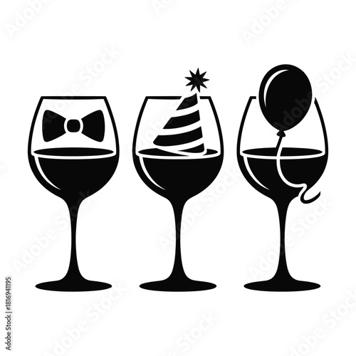 Three wine glass silhouette with party decoration isolated on
