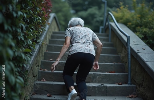 Elderly woman struggles to climb outdoor stairs, showing frailty and risk of falling. She appears weak and alone, potentially facing an accident or health crisis on the steps.