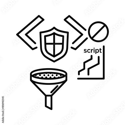 Code security and data filtering icons for web protection and script analysis
