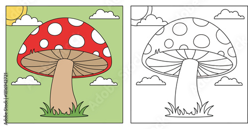 Iconic Cartoon Red Mushroom with White Spots in Green Grass Under Sunny Sky