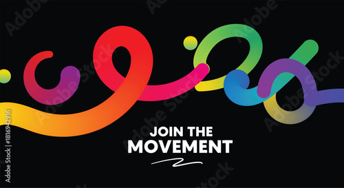 Colorful abstract swirls on black background with join the movement text