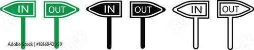 IN OUT Direction Road Sign Black and green Line and Flat Style Icon Set Collection Group with Various Arrow Board Shapes and Synonym Elements for Navigation Entrance Exit Guidance Street Signal Vector