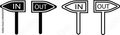 IN OUT Direction Road Sign Black Line and Flat Style Icon Set Collection Group with Various Arrow Board Shapes and Synonym Elements for Navigation Entrance Exit Guidance Street Signal Vector