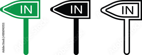 IN Direction Road Sign Black and green Line and Flat Style Icon Set Collection Group with Various Arrow Board Shapes and Synonym Elements for Navigation Entrance Exit Guidance Street Signal Vector
