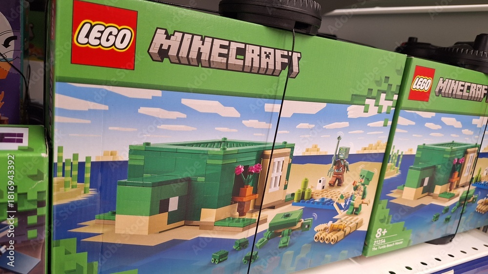 Obraz premium Russia, Moscow- 6 November 2025.LEGO Minecraft-themed building set box showcasing a creative block house and character figures