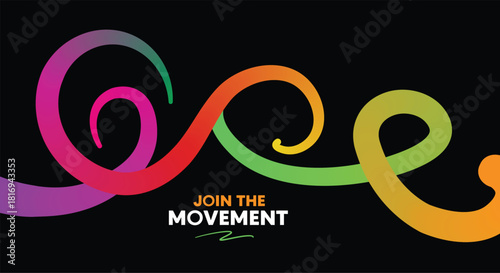 Colorful abstract ribbon design on black background with movement slogan