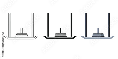 tower of Hanoi puzzle In Three styles vector set line art, silhouette and color version