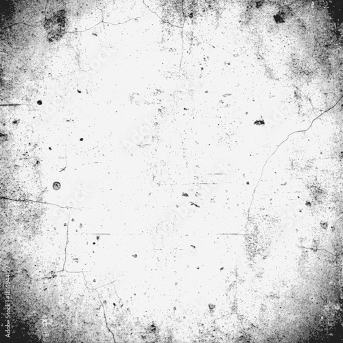 Grungy, distressed black and white texture background. Cracked concrete or plastered wall, highly textured with dust, speckles, and subtle grain. Vignette effect around the edges, vector SVG