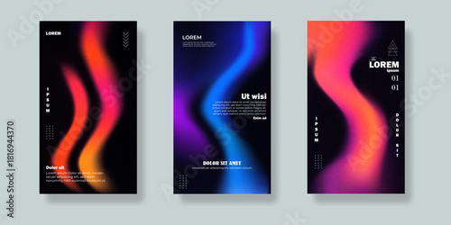A neon abstract gradient poster set featuring smooth flowing wave shapes on a dark background, designed with glowing mesh colors and modern futuristic aesthetics—perfect for posters