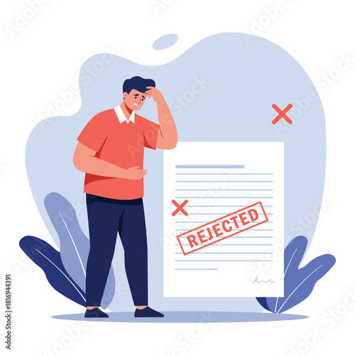 Application Rejection Man Feels Stressed Denied Document Flat Vector