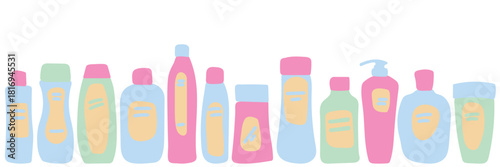 A set of hair care products in the form of bottles arranged in a row. Health care. Body care. Hair cosmetics. Vector illustration in a simple style in soft pastel tones.