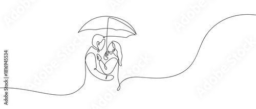 Couple holding umbrellas in one continuous line one line vector illustration Editable stroke.