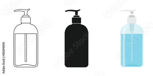 Hand sanitizer bottles In Three styles vector set line art, silhouette and color version for health and cleanliness