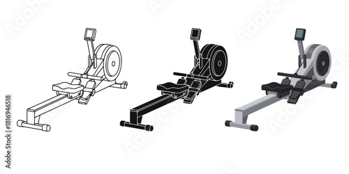 Rowing machines in Three styles vector set line art, silhouette and color version for fitness equipment