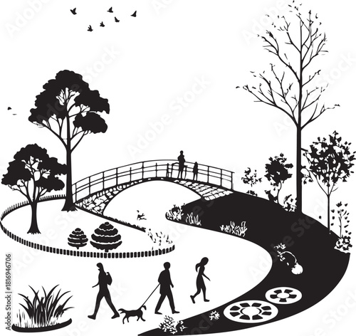 Silhouette of people and dog crossing a bridge in a park with trees and a winding path Keywords: park, silhouette, people, dog, bridge, trees, path, river, grass, bushes, nature, outdoor