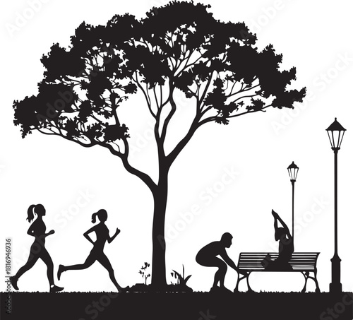 Silhouette of people running and exercising in a park with trees and lampposts Keywords: people, running, jogging, park, silhouette, trees, lamppost, bench, exercising, yoga, fitness, outdoors