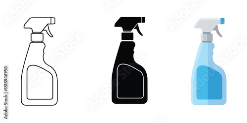 Spray bottles In Three styles vector set line art, silhouette and color version, showcasing cleaning or gardening equipment