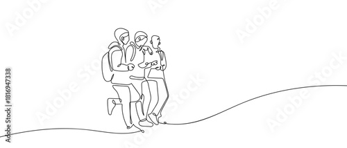 A group of teenagers are standing and talking in one continuous line. one line vector illustration Editable stroke.
