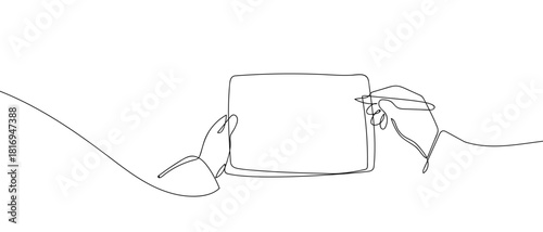 Hand holding a pen writing on a tablet in one continuous line. one line vector illustration Editable stroke.