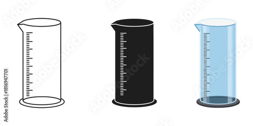 Graduated cylinders In Three styles vector set line art, silhouette and color version for liquids with scale and spout for pouring